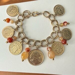 Vintage Goldtone Coin Charm Bracelet Amber Agate Carnelian Bead Gemstones